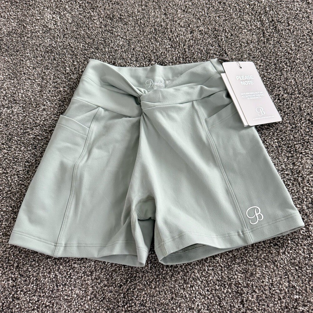 Bombshell Sportswear Biker Shorts Womens M Sage Green High-Waisted Pockets